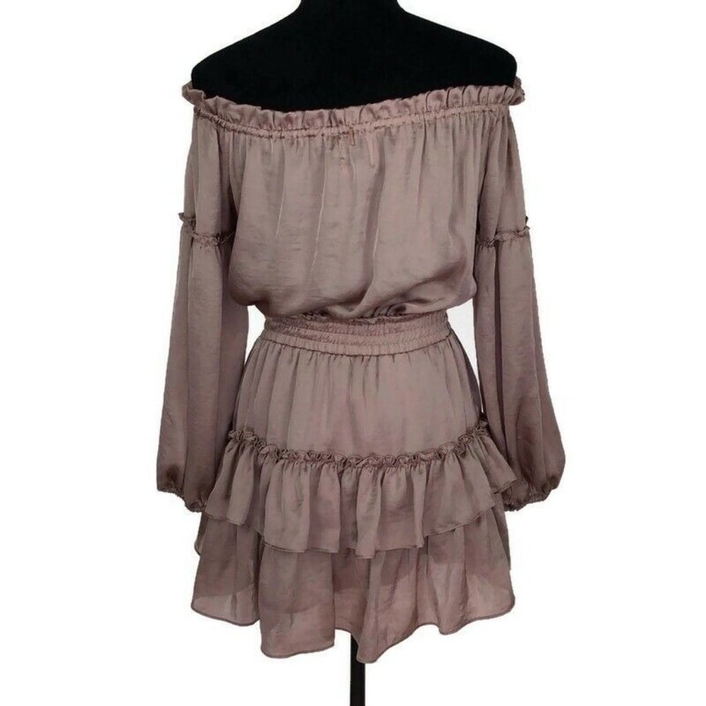 Misa Los Angeles Off Shoulder Ruffle Layered Pink Satin Dress Long Sleeve - Picture 4 of 5